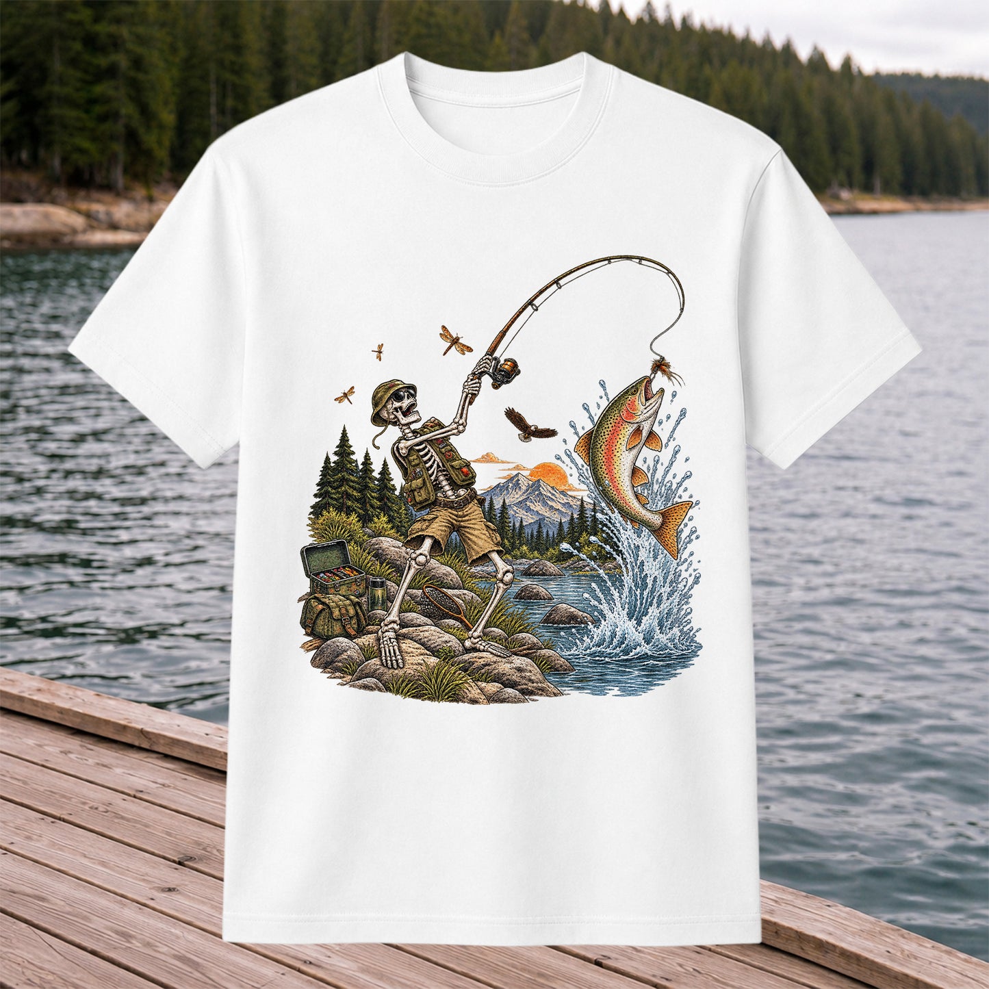 Skeleton Angler Catching Trout at a Mountain Lake Fishing T-Shirt