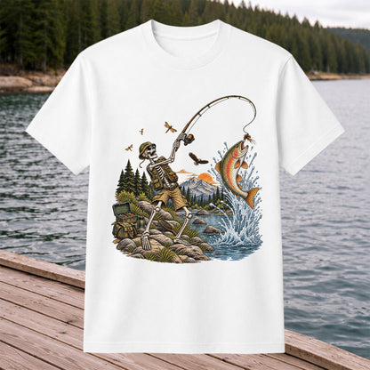 Skeleton Angler Catching Trout at a Mountain Lake Fishing T-Shirt