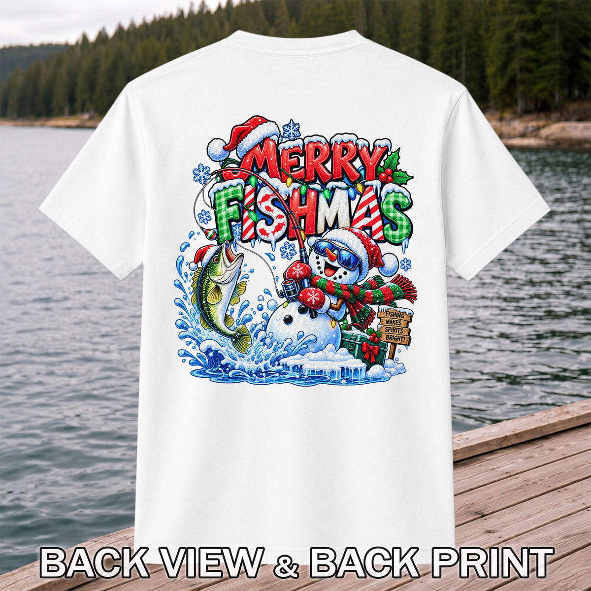 Merry Fishmas Christmas Fishing Graphic T-Shirt | Back Print
