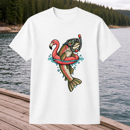 Rainbow Trout Snorkeling in a Flamingo Float Fishing Graphic T-Shirt