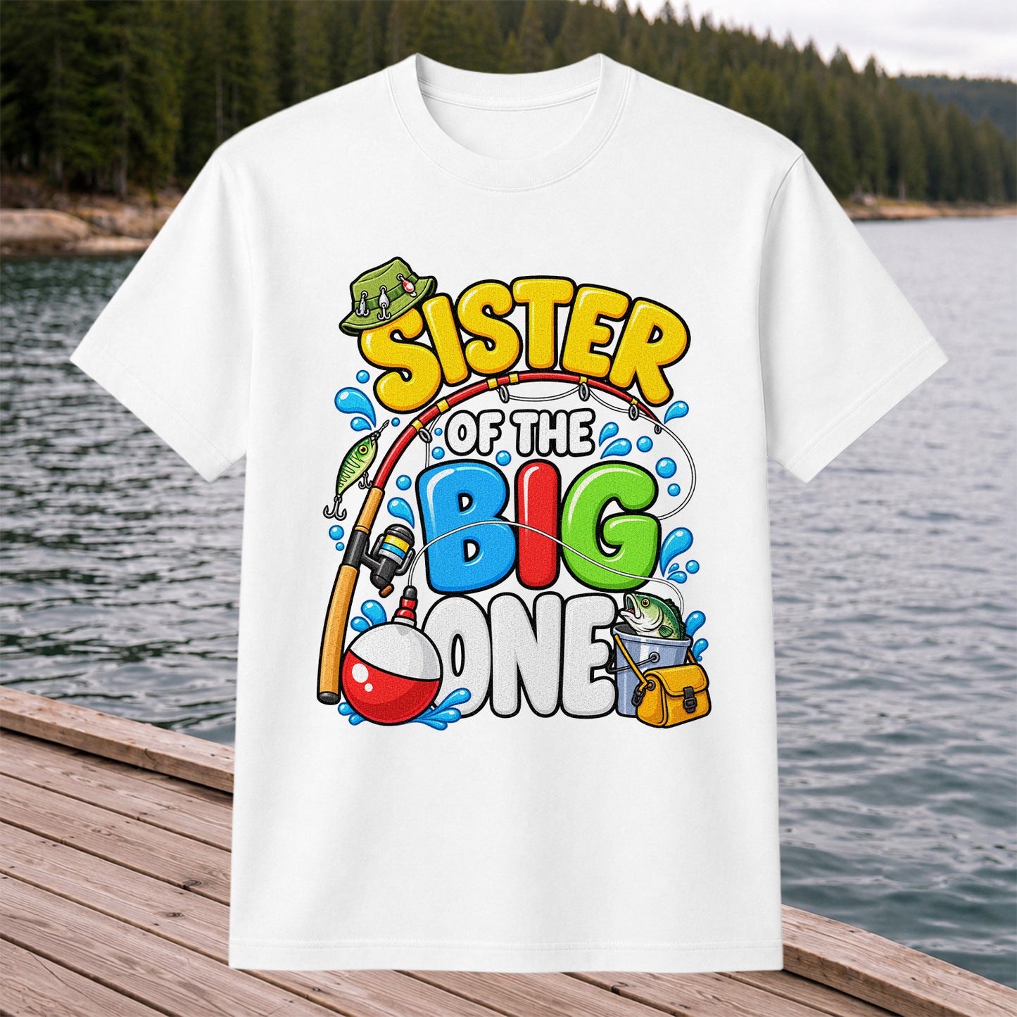 Sister of the Big One Fishing Birthday T-Shirt with Fish and Bobber