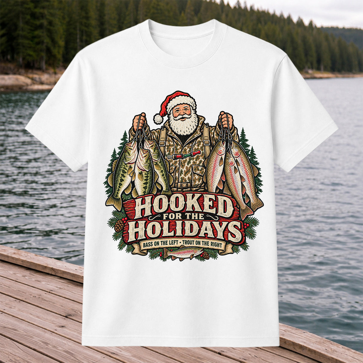 Hooked for the Holidays Bass on the Left Trout on the Right Santa Christmas Fishing T-Shirt