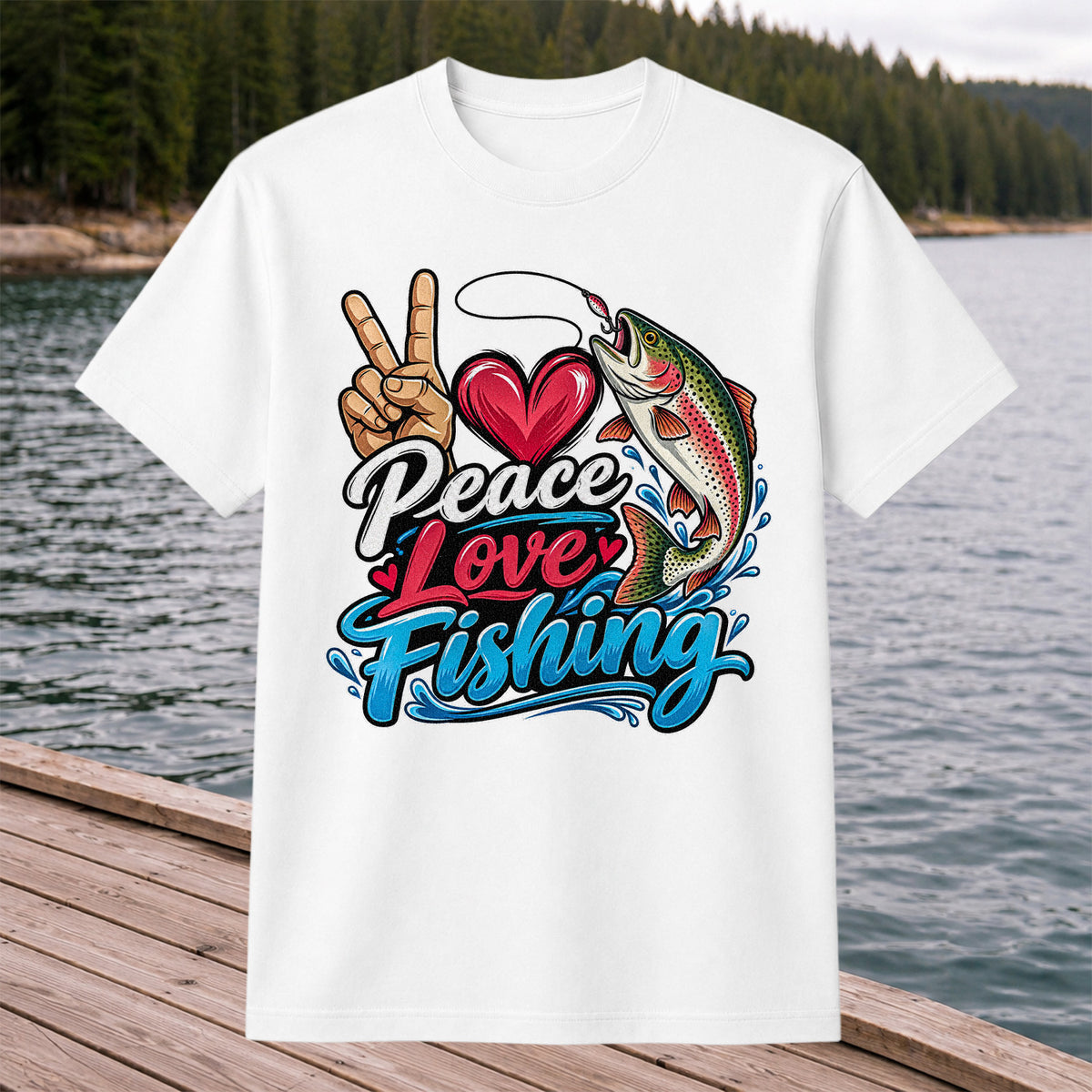 Peace Love Fishing Rainbow Trout and Heart Graphic T-Shirt