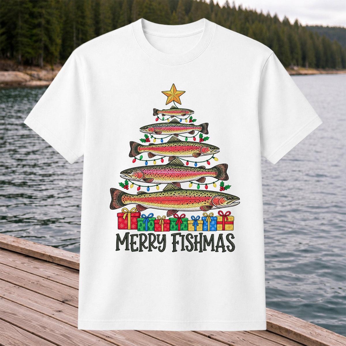 Rainbow Trout Christmas Tree Fishing Graphic T-Shirt