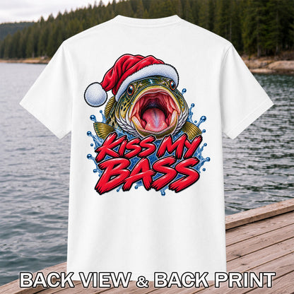 Kiss My Bass Santa Hat Funny Christmas Fishing T-Shirt | Back Print