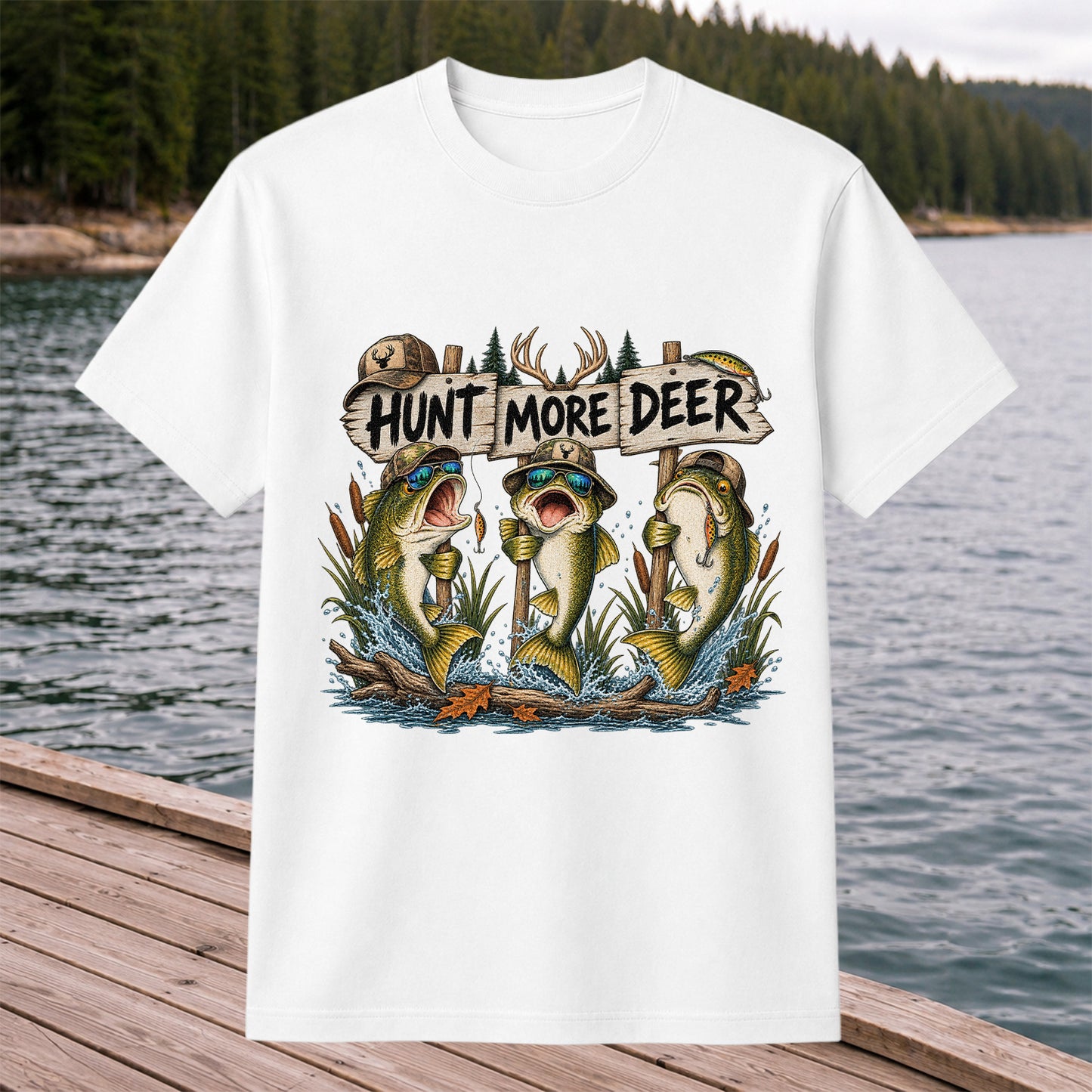 Hunt More Deer Funny Bass Fishing Graphic T-Shirt