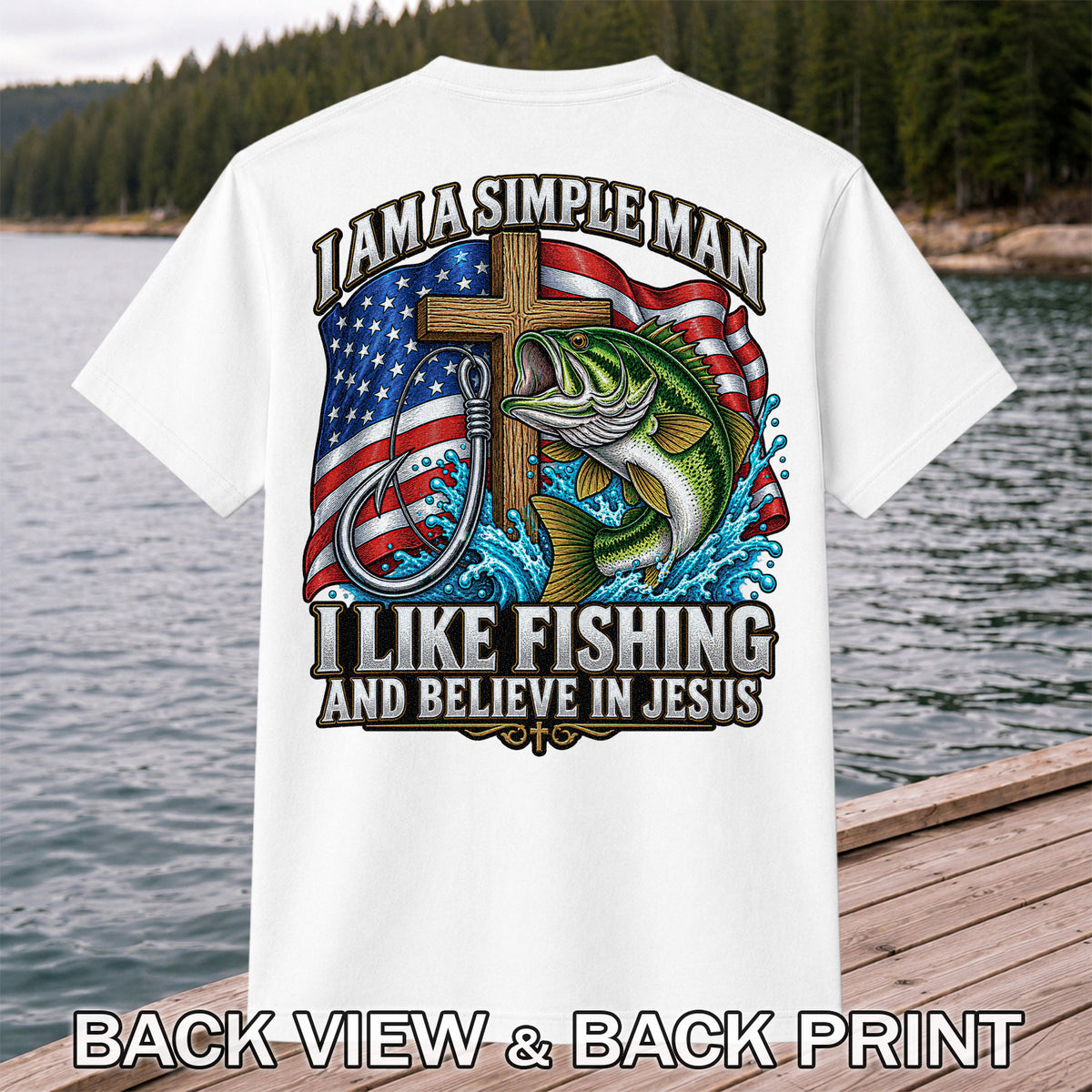 American Flag Bass Fishing Faith Patriotic Graphic T-Shirt | Back Print