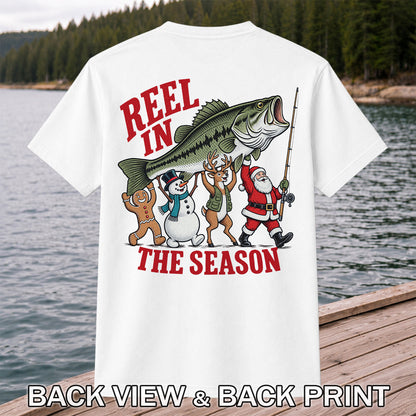 Reel in the Season Bass Christmas Fishing Graphic T-Shirt | Back Print