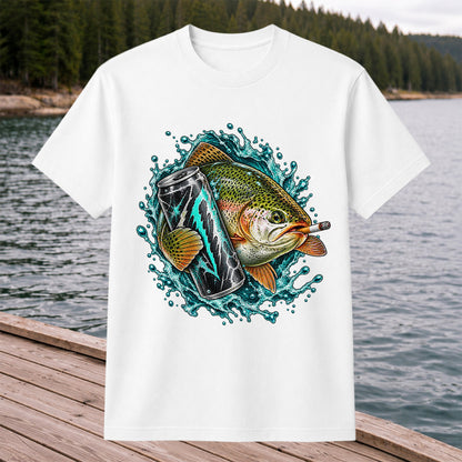 Rainbow Trout with Cigarette and Energy Drink Fishing T-Shirt