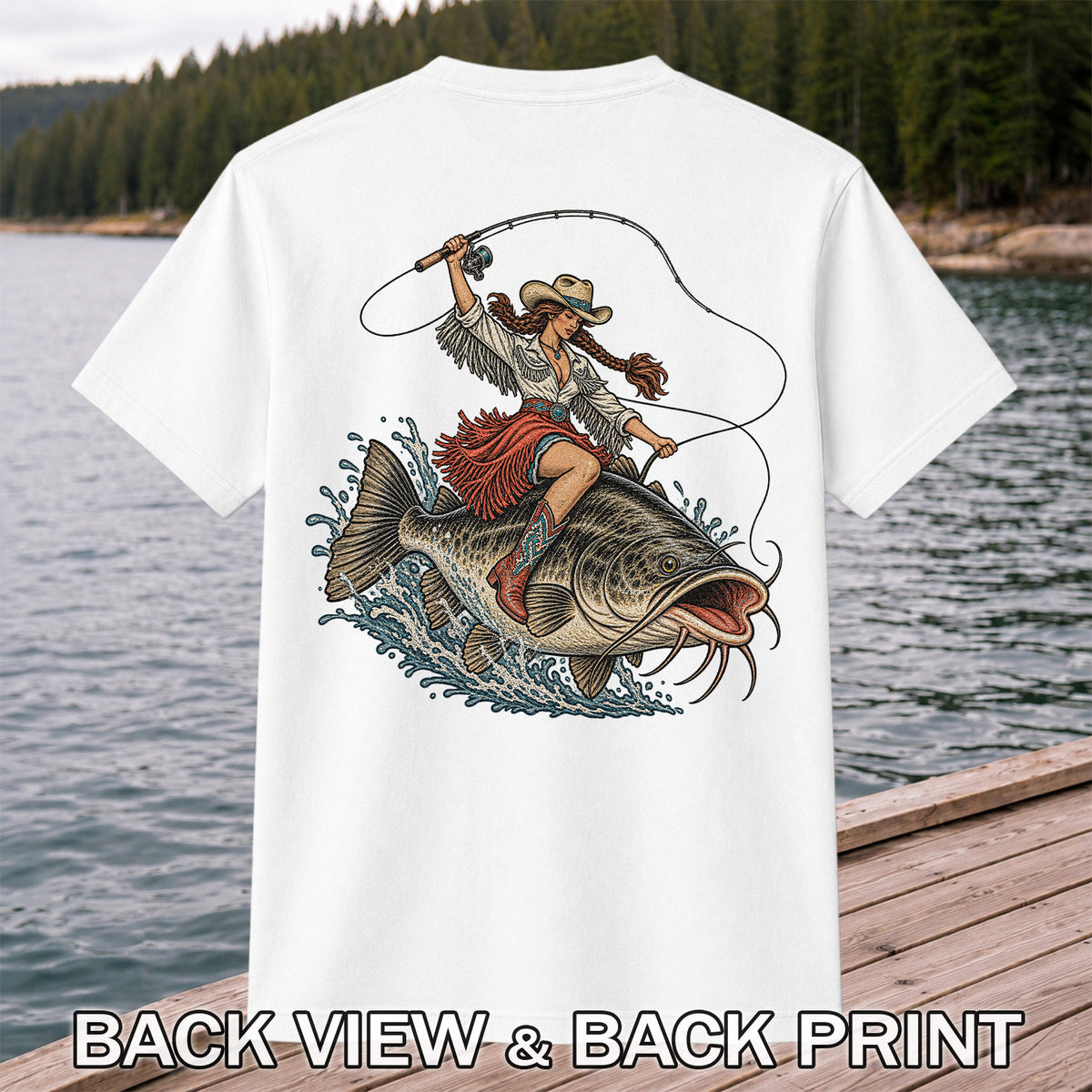 Cowgirl Riding a Largemouth Bass Fishing Graphic T-Shirt | Back Print