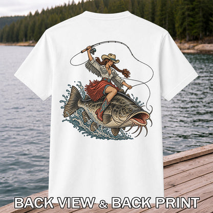 Cowgirl Riding a Largemouth Bass Fishing Graphic T-Shirt | Back Print