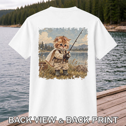 Vintage Kitten Fishing by the Lake Cute Cat Graphic T-Shirt | Back Print