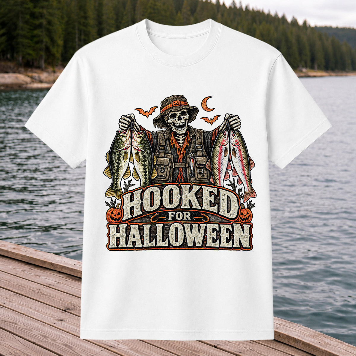 Hooked for Halloween Skeleton Angler with Bass and Trout Fishing T-Shirt