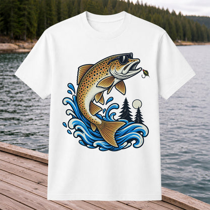 Brown Trout Sunglasses Fishing Graphic T-Shirt with Lure