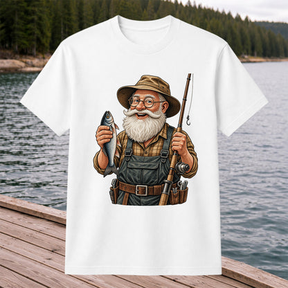 Bearded Angler Holding a Fish and Fishing Rod Graphic T-Shirt