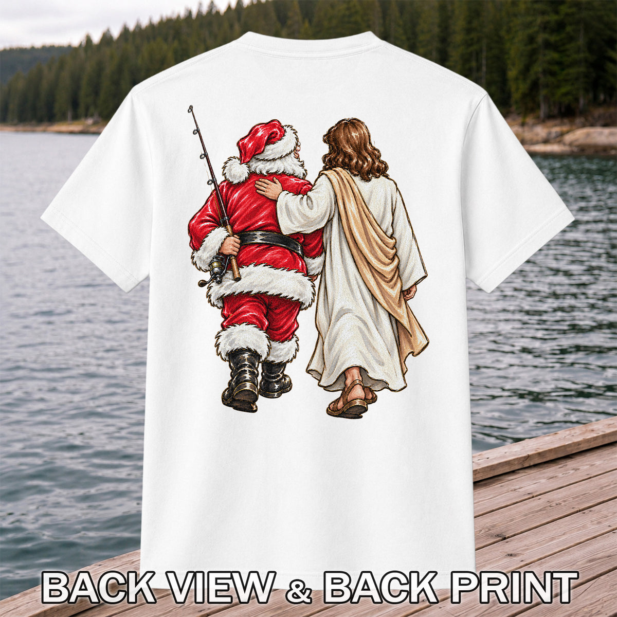 Santa and Robed Companion Fishing Graphic T-Shirt | Back Print