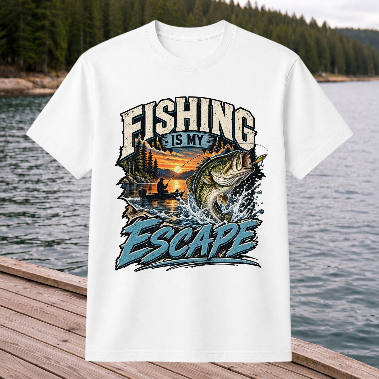 Fishing Is My Escape Jumping Bass and Sunset Lake Graphic T-Shirt