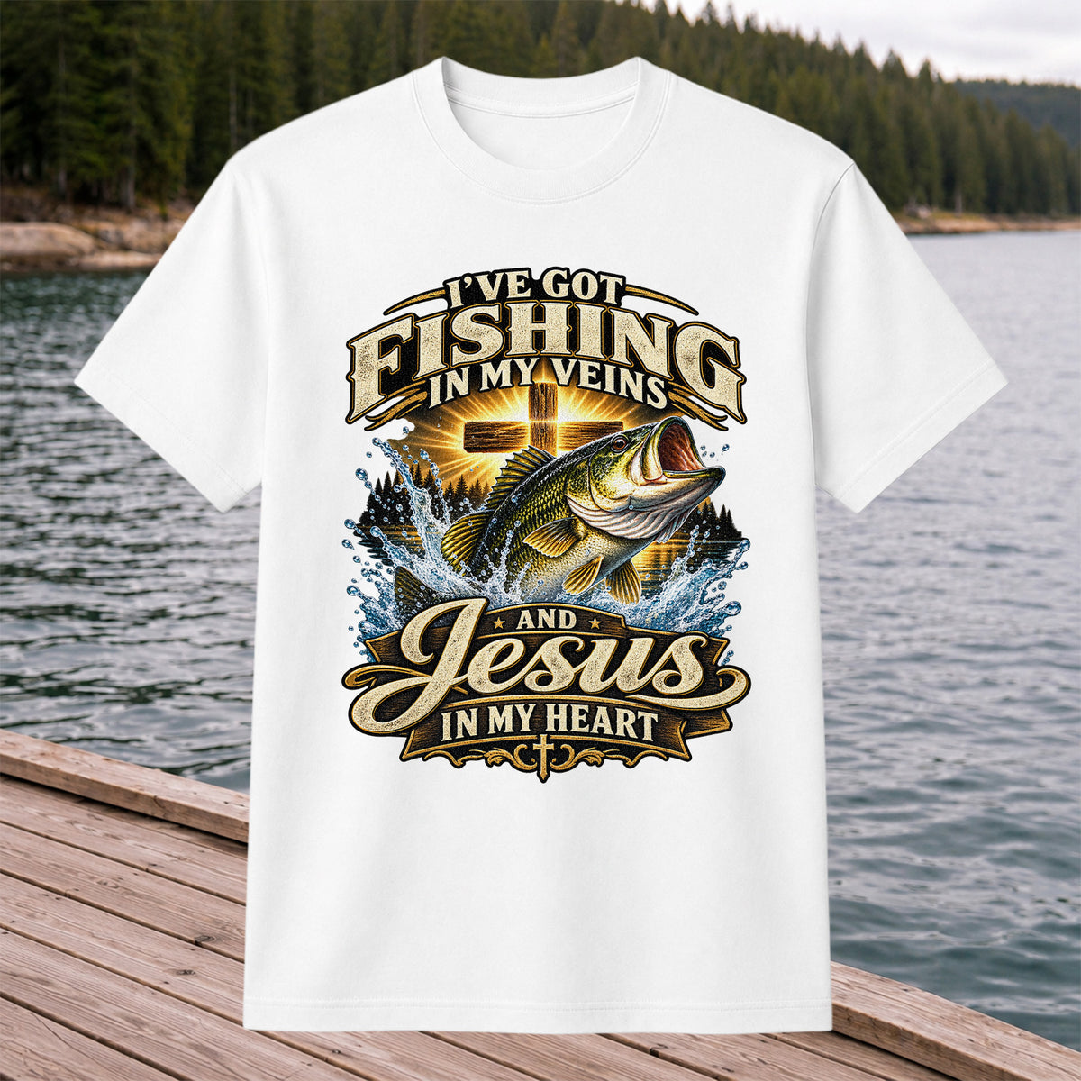 I've Got Fishing in My Veins and Jesus in My Heart Bass and Cross T-Shirt