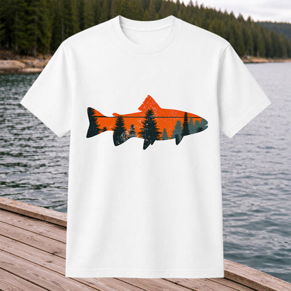 Trout with Mountain Sunset and Pine Forest Fishing Graphic T-Shirt