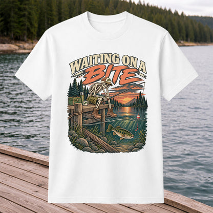 Waiting on a Bite Skeleton Bass Fishing Graphic T-Shirt