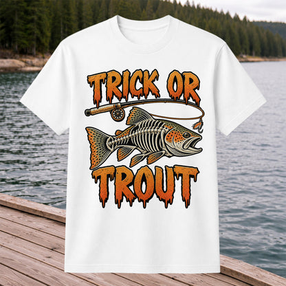 Trick or Trout Skeleton Trout Halloween Fly Fishing T-Shirt
