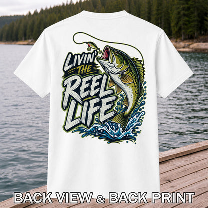 Livin' the Reel Life Jumping Bass Fishing Graphic T-Shirt | Back Print