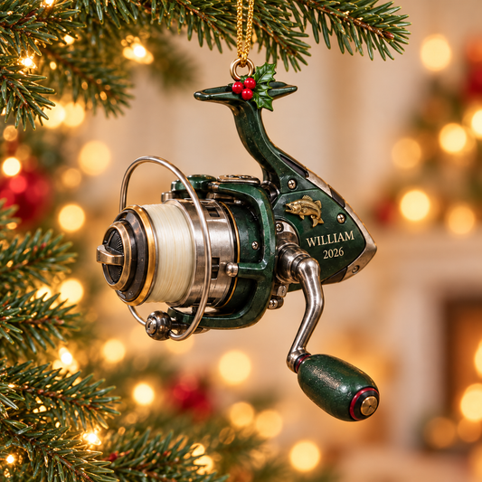 Personalized Miniature Fishing Reel Acrylic Christmas Ornament