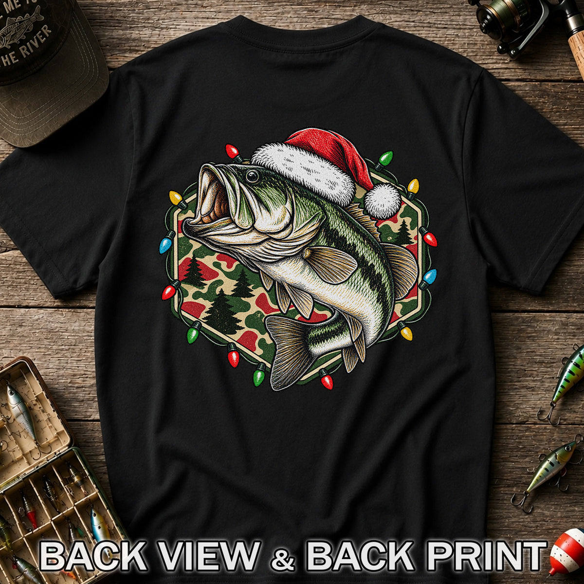 Santa Hat Largemouth Bass Christmas Fishing Graphic T-Shirt | Back Print