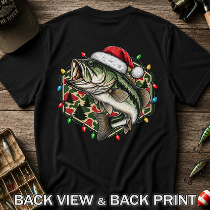 Santa Hat Largemouth Bass Christmas Fishing Graphic T-Shirt | Back Print