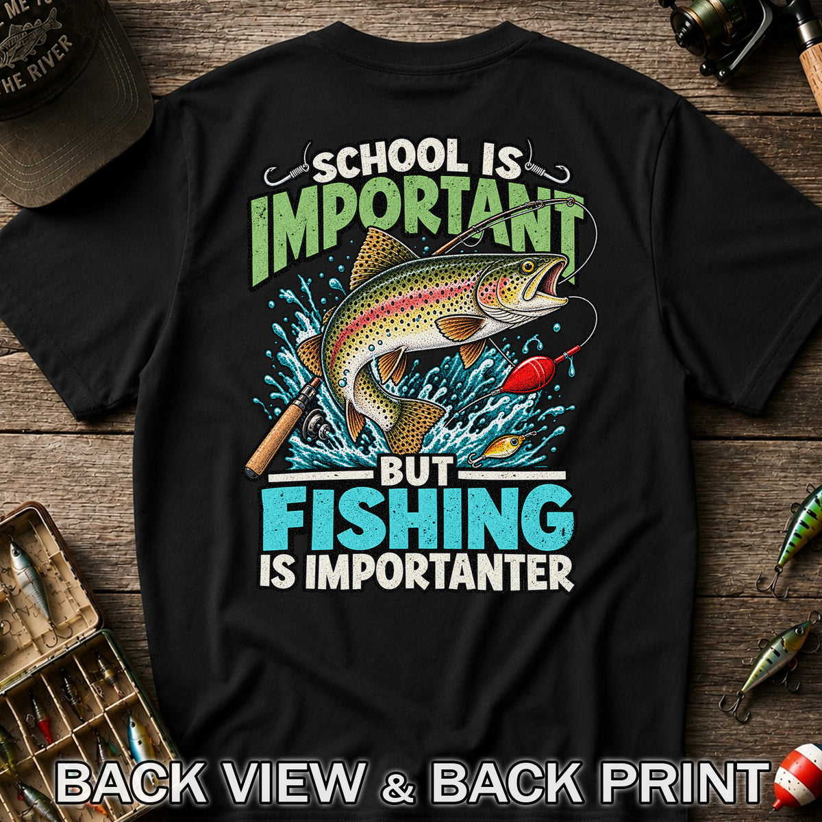 School Is Important But Fishing Is Importanter Rainbow Trout T-Shirt | Back Print