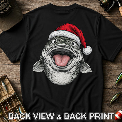 Funny Santa Hat Trout Christmas Fishing Graphic T-Shirt | Back Print