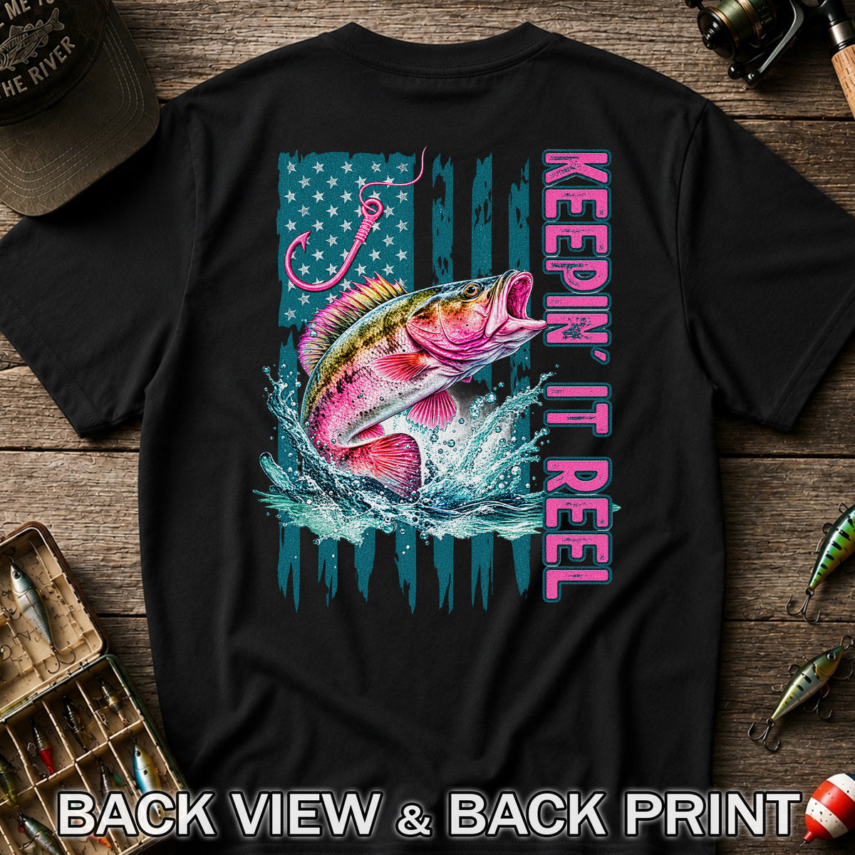 Keepin' It Reel Bass Fishing American Flag Graphic T-Shirt | Back Print