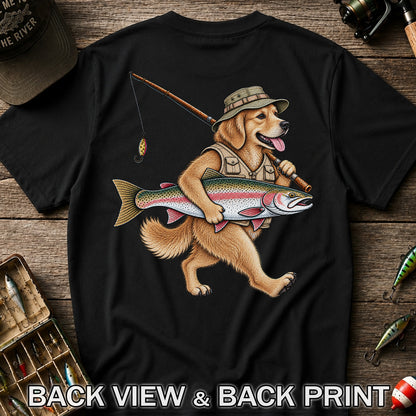 Golden Retriever Holding Rainbow Trout Fishing Graphic T-Shirt | Back Print