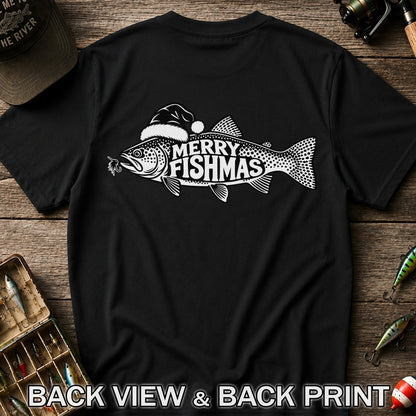 Merry Fishmas Black and White Trout Christmas Fishing T-Shirt | Back Print
