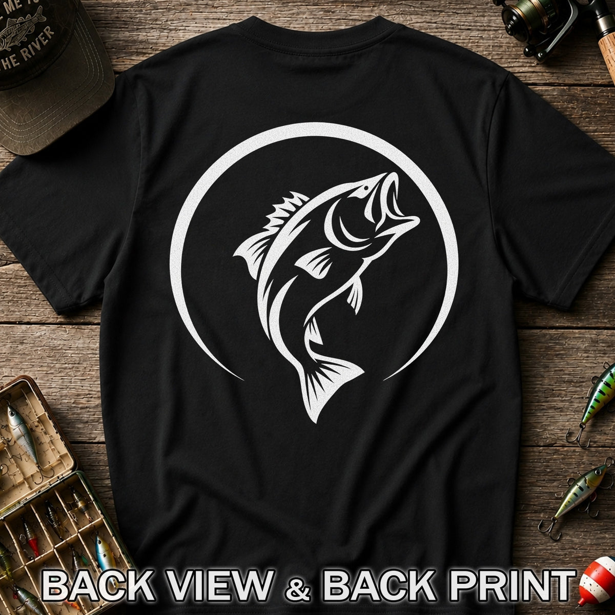 Minimalist Jumping Bass Fishing Silhouette T-Shirt | Back Print