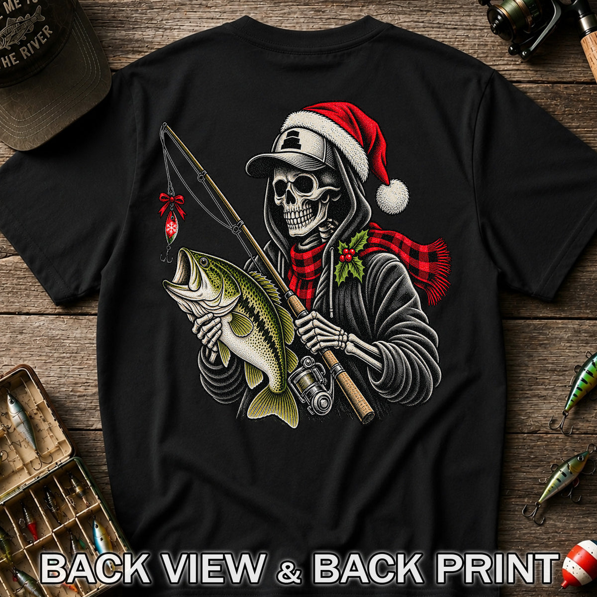 Christmas Skeleton Angler with Santa Hat and Bass Fishing T-Shirt | Back Print