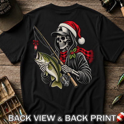 Christmas Skeleton Angler with Santa Hat and Bass Fishing T-Shirt | Back Print