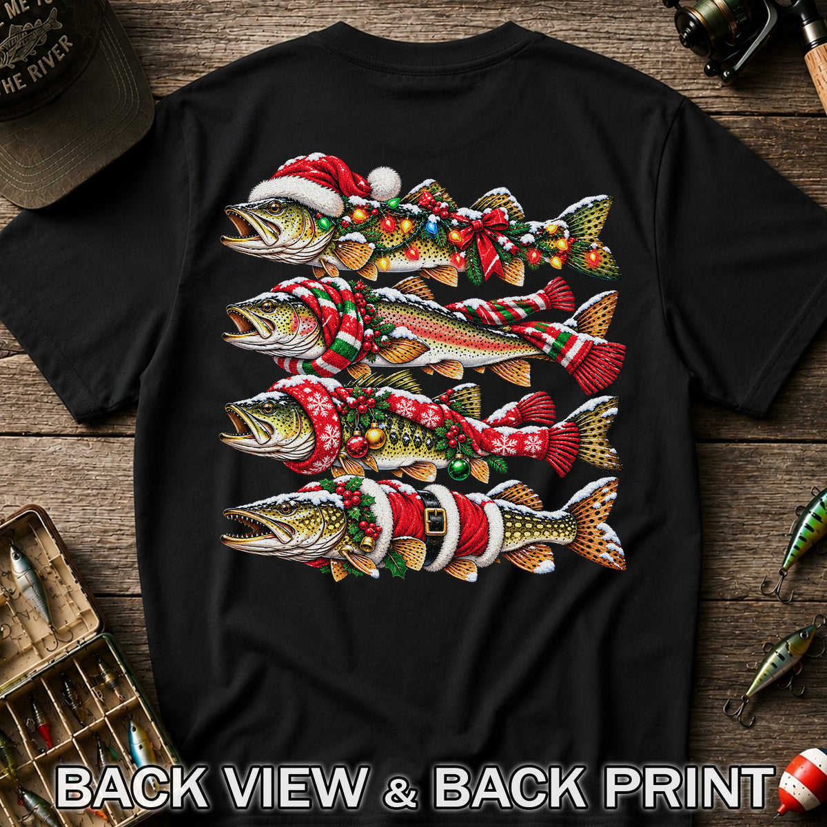 Christmas Trout Fishing Holiday Graphic T-Shirt | Back Print