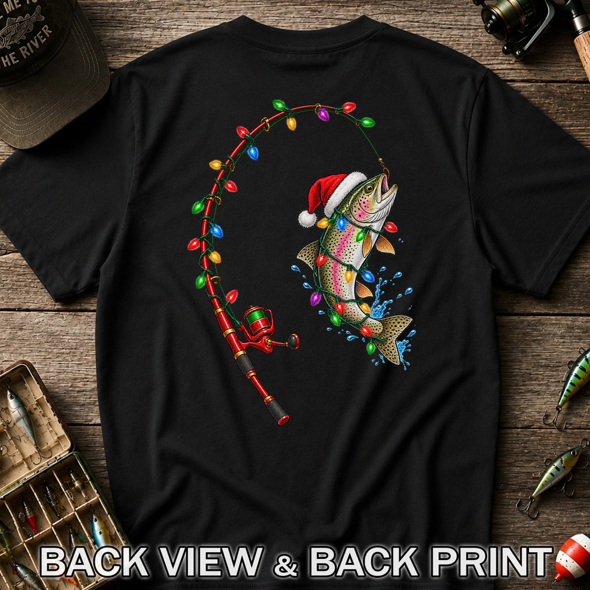 Christmas Rainbow Trout with Santa Hat and Lights Fishing T-Shirt | Back Print