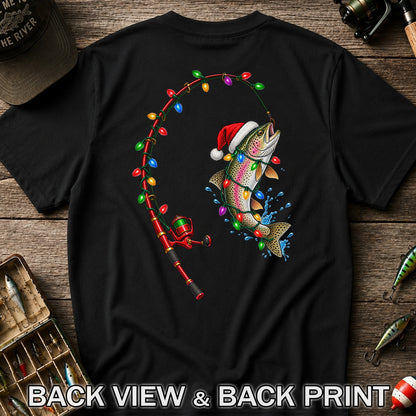 Christmas Rainbow Trout with Santa Hat and Lights Fishing T-Shirt | Back Print