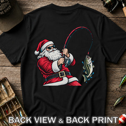 Santa Claus Catching a Bass Christmas Fishing Graphic T-Shirt | Back Print