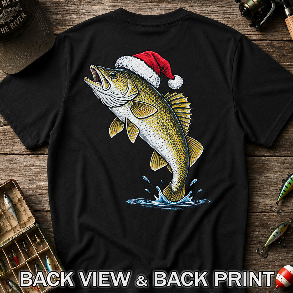 Santa Hat Walleye Christmas Fishing Graphic T-Shirt | Back Print