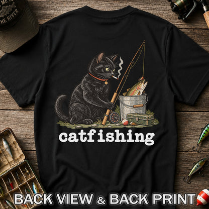 Catfishing Smoking Black Cat with Fishing Rod Funny T-Shirt | Back Print