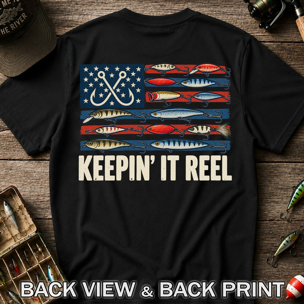 Keepin' It Reel American Flag Fishing Lures Graphic T-Shirt | Back Print