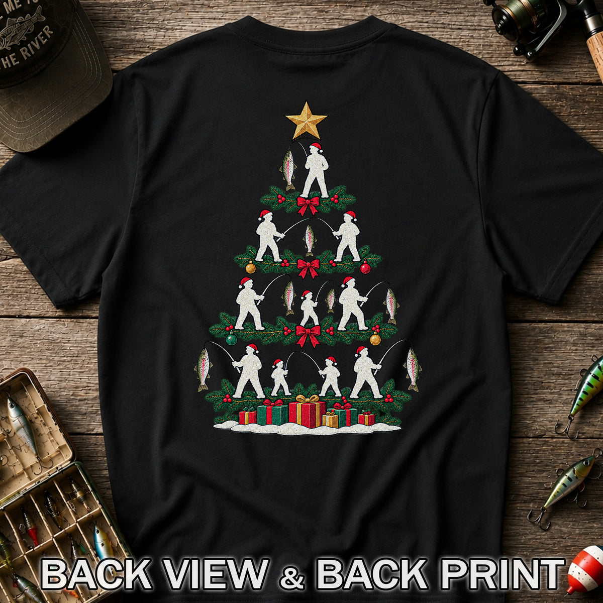 Christmas Tree with Anglers and Rainbow Trout Fishing Graphic T-Shirt | Back Print