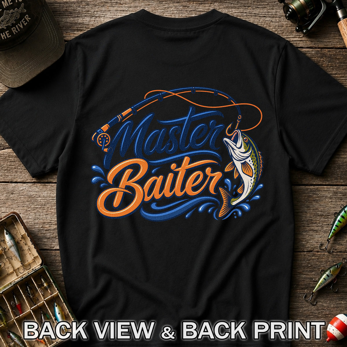 Master Baiter Funny Fishing Rod and Jumping Fish T-Shirt | Back Print