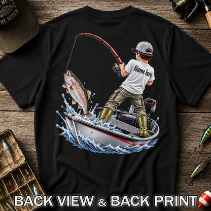 Personalized Boy Fishing Boat and Rainbow Trout Graphic T-Shirt | Back Print