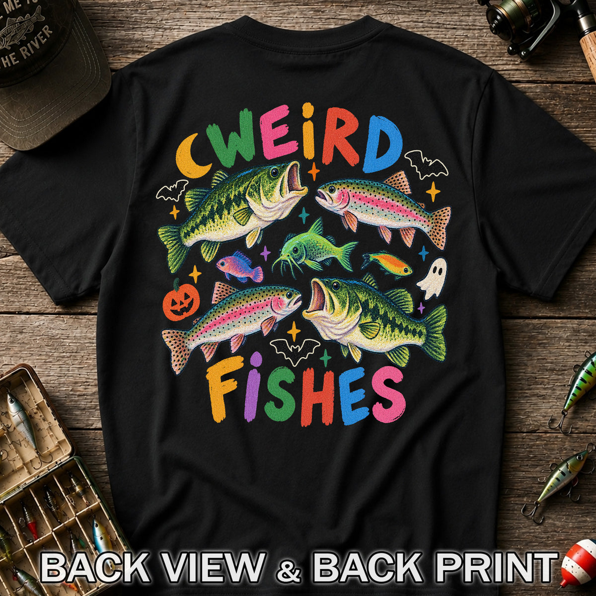 Weird Fishes Halloween Bass and Rainbow Trout Fishing T-Shirt | Back Print