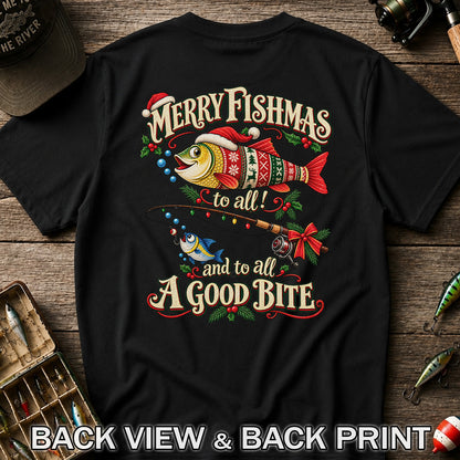 Merry Fishmas to All and to All a Good Bite Christmas Fishing T-Shirt | Back Print
