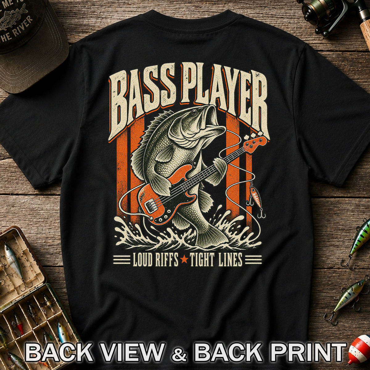 Bass Playing Guitar Vintage Fishing Graphic T-Shirt | Back Print